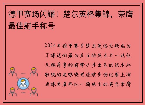 德甲赛场闪耀！楚尔英格集锦，荣膺最佳射手称号